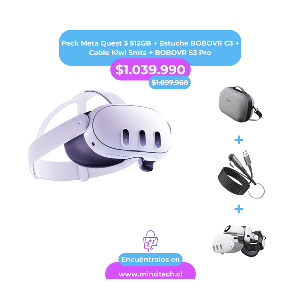 Pack Meta Quest 3 512GB + Estuche BOBOVR C3 + Cable Kiwi 5mts + BOBOVR S3 Pro